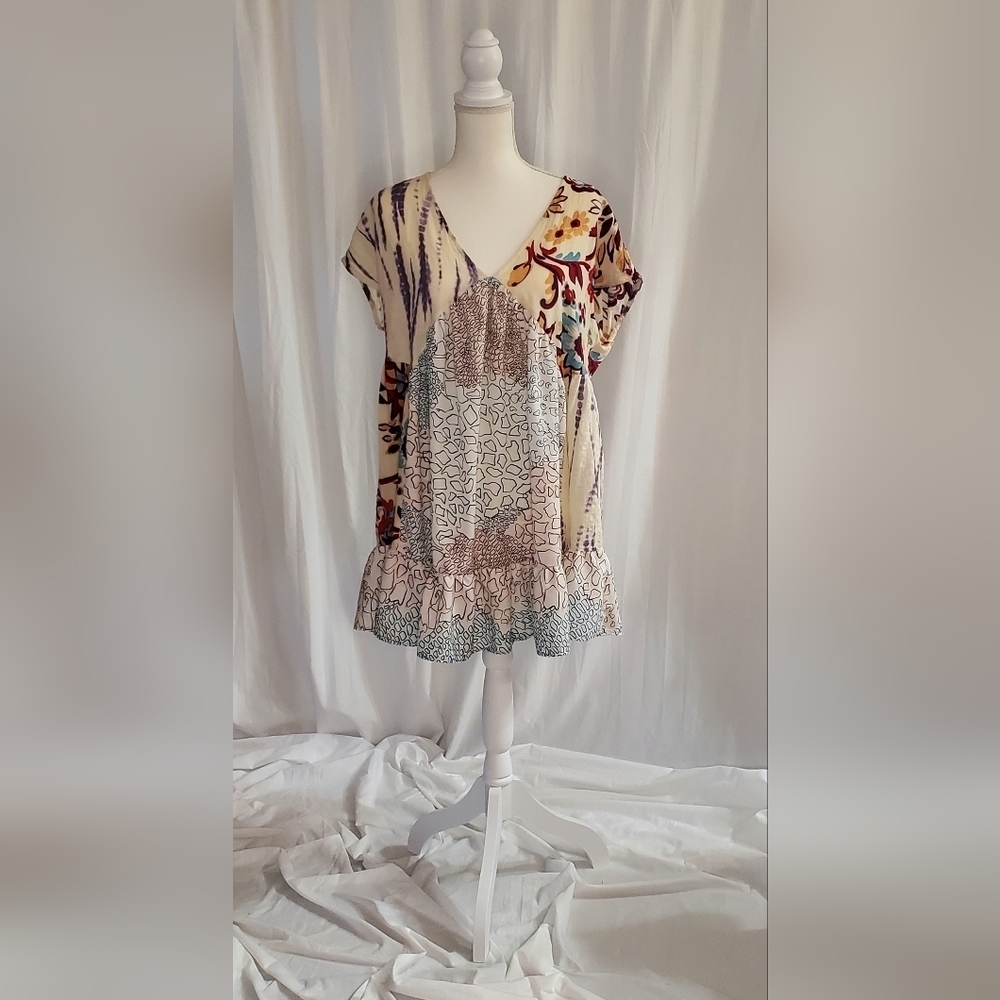 Bucketlist Mix Floral Print Mini Tunic Dress Sleevless V-Neck Boho Ruffle Size S